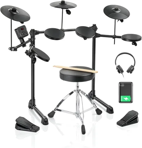 Ktaxon Juego de batería eléctrica, batería electrónica con carga tipo C, USB MIDI, almohadillas silenciosas, platillos premium, pedales, trono