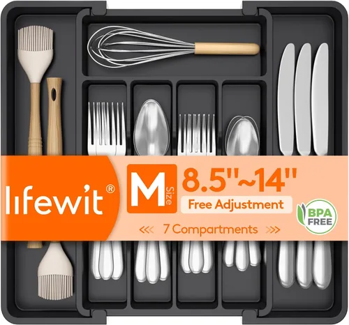 Lifewit Organizador de cajones de cubiertos, bandeja expandible para utensilios de cocina, soporte para vajilla y cubiertos libre de BPA,