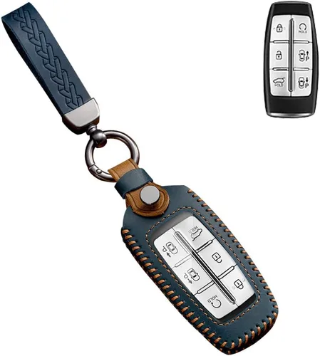 SANRILY FLL Production - Funda de cuero para llavero Genesis GV80 2021 2022 G80 GV70 G90 G70 sin llave 4/6/8 botones con llavero azul, Azul