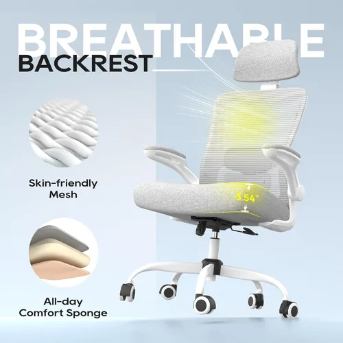 Miniatura 7 de Silla de oficina ergonómica, silla de oficina de malla de respaldo alto con soporte lumbar ajustable, reposabrazos abatibles, silla giratoria