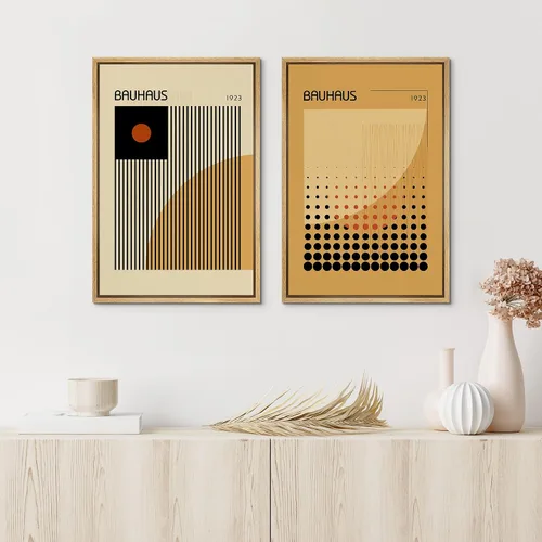 Miniatura 2 de IDEA4WALL Lienzo enmarcado para pared, juego de arte Bauhaus dorado de mediados de siglo, patrón de cuadrícula moderna, ilustraciones con formas