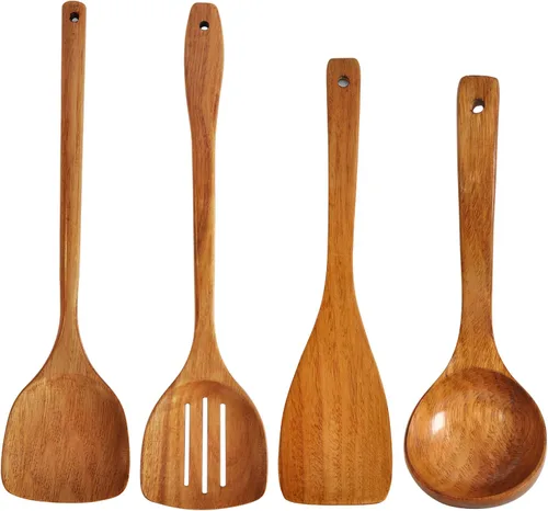 Espátula de madera, espátula ranurada, cucharón de sopa, juego de utensilios de mango largo, hecho a mano para utensilios de cocina (utensilios de