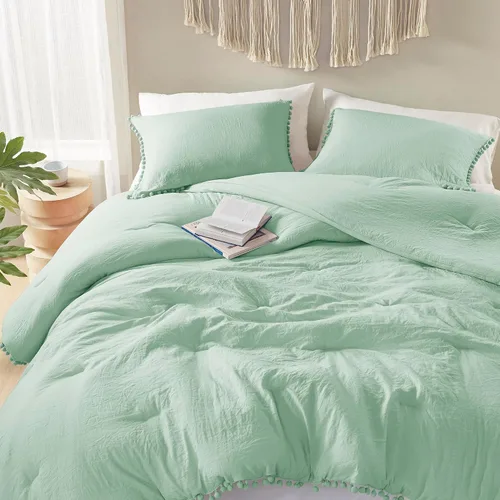 Miniatura 6 de Codi Juego de edredón beige tamaño King, ropa de cama bohemia chic con elegantes flecos de pompones, juego de lujo de 3 piezas de microfibra lavada