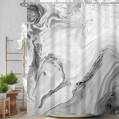 Miniatura 84 de Cortina de ducha abstracta de mármol negro gris y dorado con grietas, cortina de baño moderna ombre impresa, cortina impermeable y lavable de tela