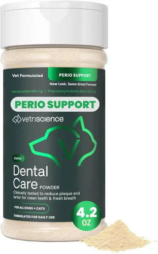 VetriScience Polvo de cuidado dental para perros y gatos: ayuda a reducir la acumulación de placa y sarro, limpiar los dientes y un aliento más