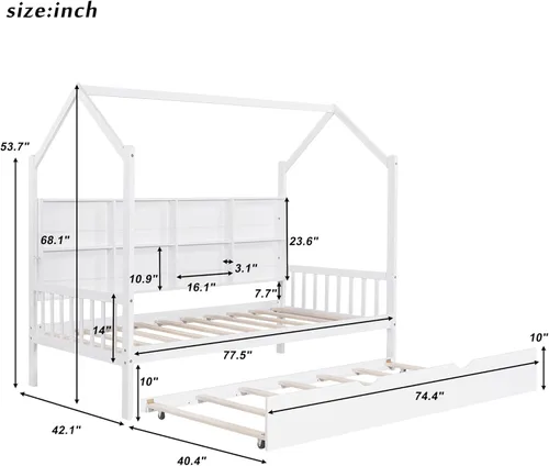Miniatura 2 de Merax Cama de madera de tamaño individual, marcos de cama individual de madera maciza con nido y estante, cama de casa para niños, color blanco