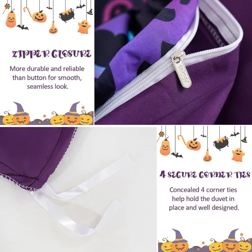Miniatura 5 de Menghomeus Juego de ropa de cama de Halloween, tamaño King, color negro, juego de funda de edredón con diseño de calabaza y fantasma de dibujos