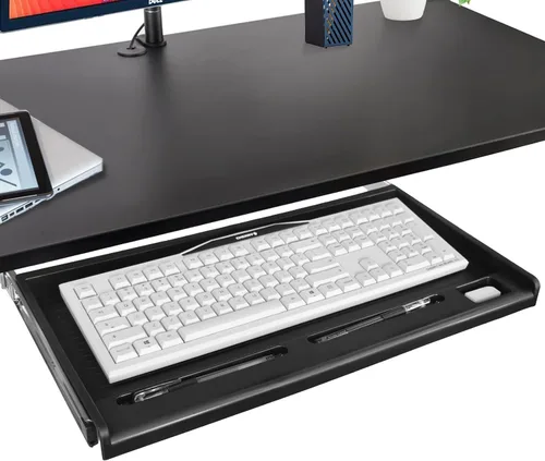TOOCUST Bandeja para teclado debajo del escritorio, 20 pulgadas de ancho x 11 pulgadas de profundidad, bandeja resistente para teclados debajo del