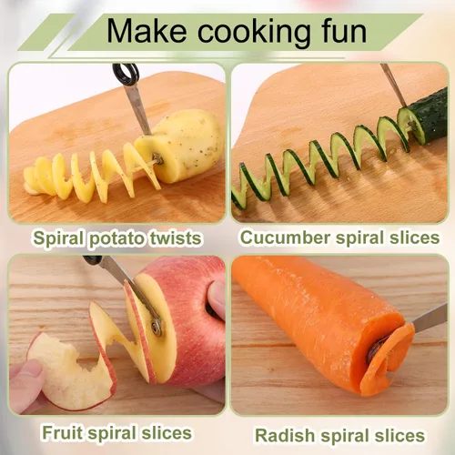 Miniatura 7 de Lyreh 2 cortadores en espiral de verduras y 1 herramienta en forma de V para pelar verduras, herramienta espiralizadora manual de acero inoxidable