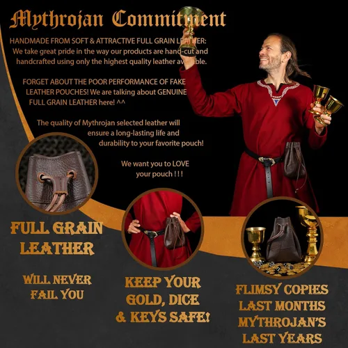 Miniatura 4 de Mythrojan Bolsa medieval con cordón, ideal para SCA LARP Reenactment & Ren fair cuero de grano completo