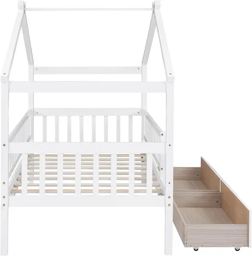 Miniatura 8 de Cama de madera de tamaño individual con dos cajones y techo, cama de plataforma con 2 cabeceros, para dormitorio de niños, adolescentes, niñas