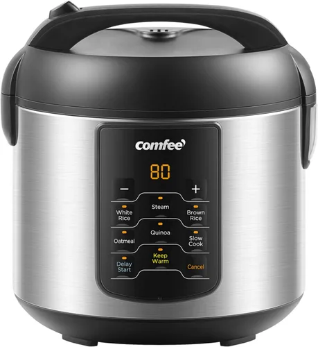 COMFEE - Arrocera 6 en 1 de acero inoxidable, cocina lenta, vaporizador, salteado y calentador, 2 cuartos de galón, 8 tazas cocidas (4 tazas sin