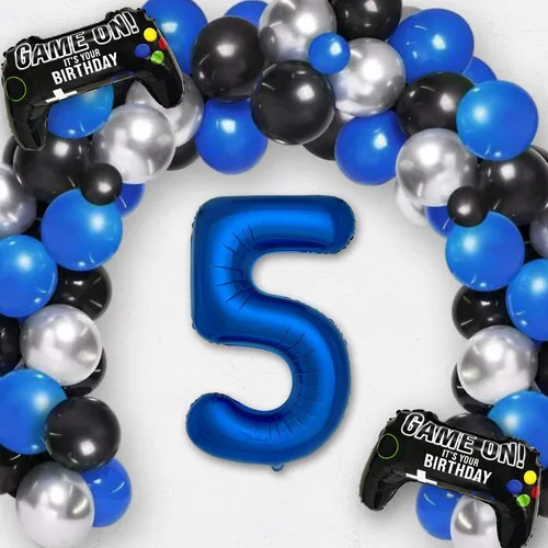 Miniatura 3 de Suministros de fiesta de videojuegos azul marino para decoración de fiesta de 5º cumpleaños para niños, 2 paquetes de globos de juego con globo azul