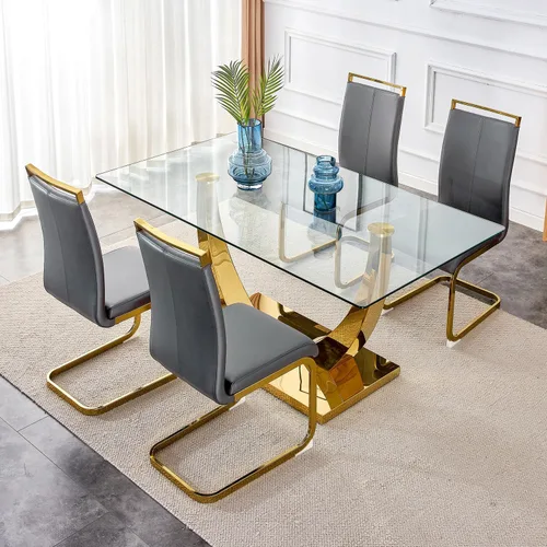 Miniatura 28 de Juego de mesa de comedor de 63 pulgadas para 4, juego de mesa de comedor dorado moderno para 4, juego de mesa de cocina de mármol sintético con negro