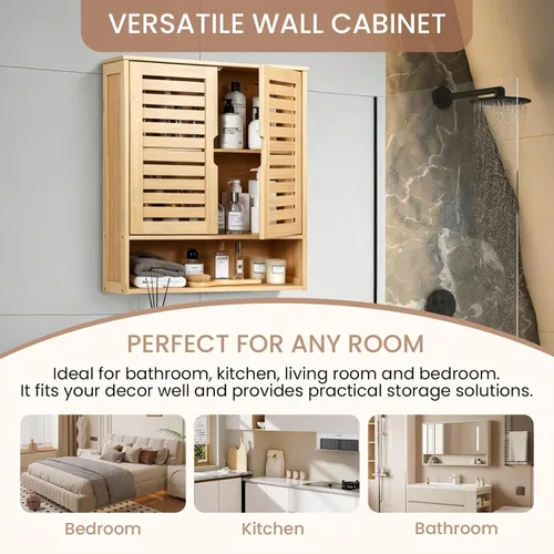 Miniatura 6 de Armario de almacenamiento de bambú montado en la pared con puerta, organizador de pared de baño con estantes, gabinete de almacenamiento colgante