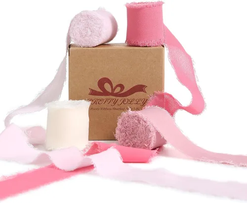 Miniatura 21 de Pretty Jolly Cinta de gasa beige para envolver regalos, 3 rollos de 2 pulgadas x 7 yardas, cinta de tela de seda hecha a mano con flecos para ramo