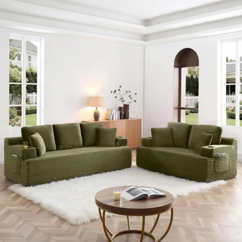 Miniatura 46 de Sofá sin hueso de 66.5 pulgadas con portavasos y bolsillos laterales, sofá biplaza tapizado de tela de pana moderna con 2 almohadas para sala