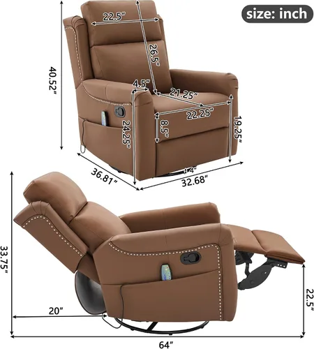 Miniatura 2 de Merax Silla reclinable manual moderna con masaje y calor, mecedora giratoria de 270°, tapizada de piel sintética, reclinable de cine en casa