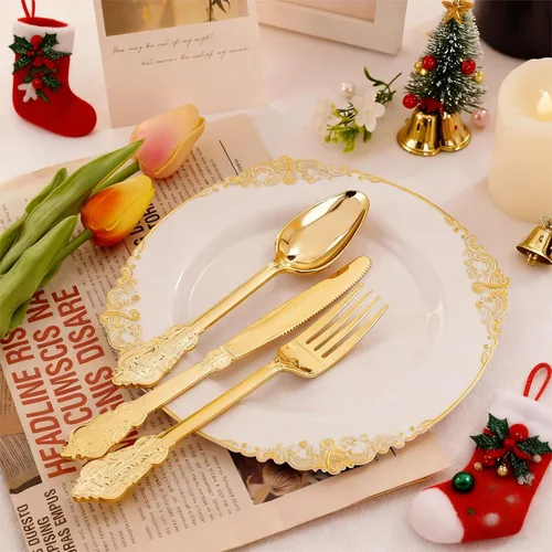 Miniatura 6 de Liacere 50 platos de plástico dorado – platos desechables de postre – platos dorados y blancos de 7.5 pulgadas – Platos de plástico blanco y dorado