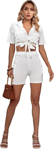 Miniatura 6 de Umenlele Conjunto de 2 piezas para mujer, cuello en V, manga corta, vendaje, ombliguera, conjunto de sudadera corta con bolsillo