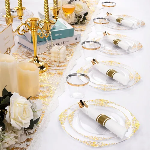 Miniatura 6 de Nervure 175 platos de plástico dorado transparente, platos desechables dorados para fiestas y servilletas preenrolladas con cubiertos para 25 Claro