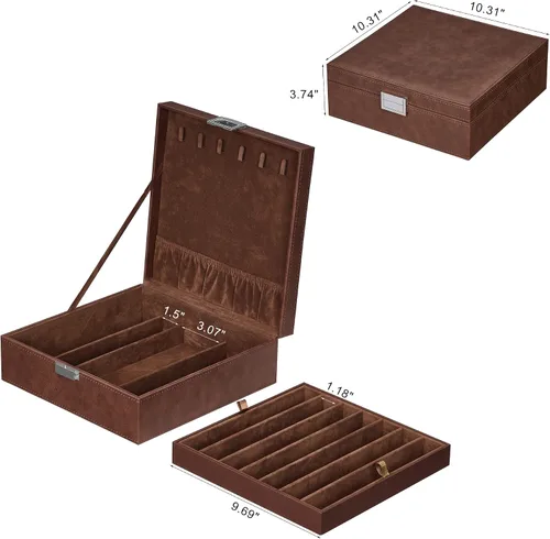 Miniatura 7 de BEWISHOME Caja organizadora de collares, organizador de almacenamiento para cadenas, pulseras, 12 compartimentos (7 regulares + 5 grandes), 6