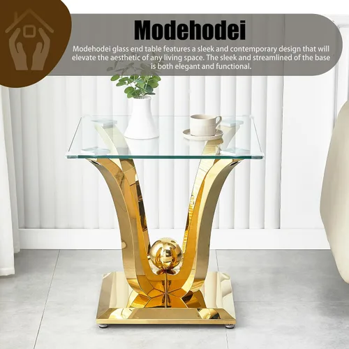 Miniatura 3 de Mesa auxiliar de cristal dorado, mesa auxiliar de lujo con base de acero inoxidable con acabado espejo y parte superior de vidrio templado, mesa