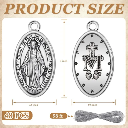 Miniatura 2 de Ferreve 48 piezas de colgante de medalla de Virgen María de 1 pulgada, collar ovalado de plata con colgante de Virgen María, medallas religiosas