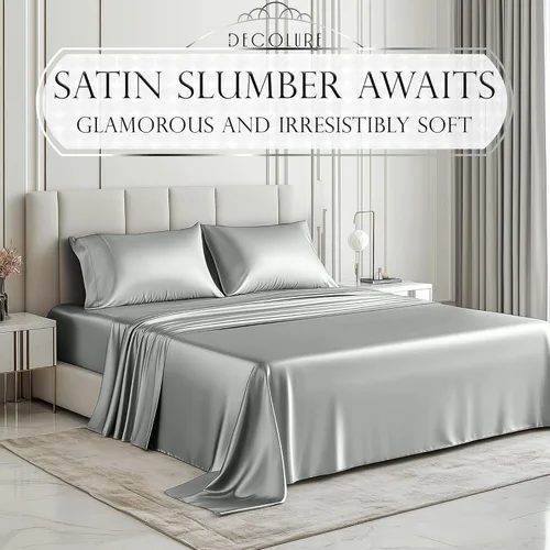 Miniatura 2 de DECOLURE Sábanas de Cama de Satén – Juego de Ropa de Cama de Lujo Sedoso Tamaño Full de 4 Piezas – Más Suave que la Seda, Sin Arrugas con Sábana Gris