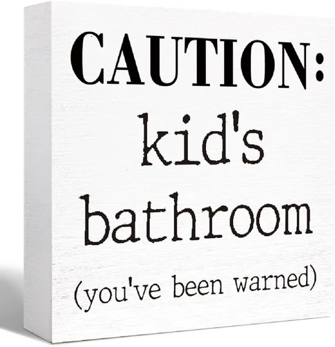 Letrero de madera para baño de niños, divertido letrero de madera de precaución para el baño de niños, estante de baño, estantes de baño, decoración
