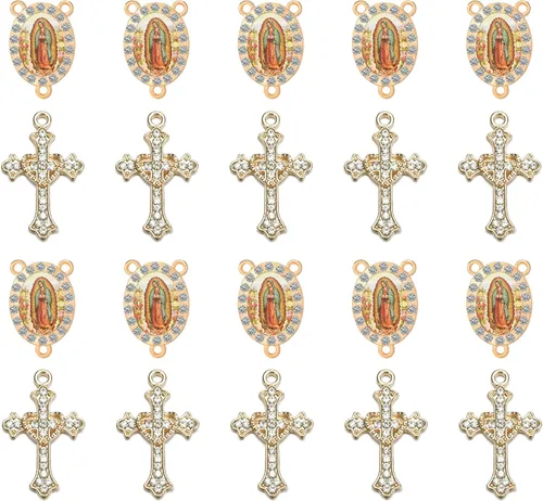 Miniatura 9 de Juego de 20 piezas de conectores de medalla de santos católicos con diamantes de imitación y dijes de cruz de cristal para suministros religiosos
