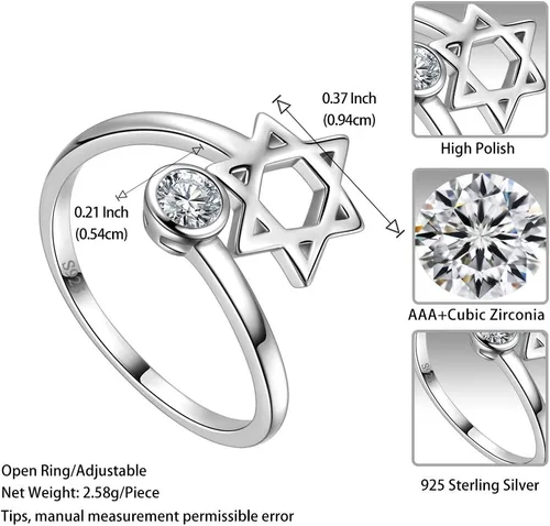 Miniatura 6 de Jewmon Anillo de plata de ley con estrella de David para mujer – Anillo ajustable Magen David – Amuleto Wicca – Regalos judíos