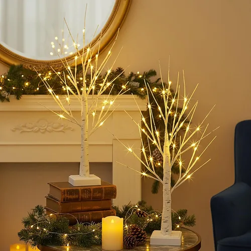 Miniatura 3 de Paquete de 2 árboles iluminados para decoración de interiores con temporizador, 24 LED 2 pies árbol de abedul blanco iluminado lámpara de mesa