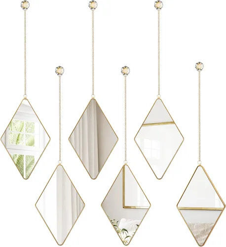 Suzile Juego de 6 espejos de pared de diamantes con cadena para colgar con marco de mango de diamante, espejo de cadena decorativo para entradas del