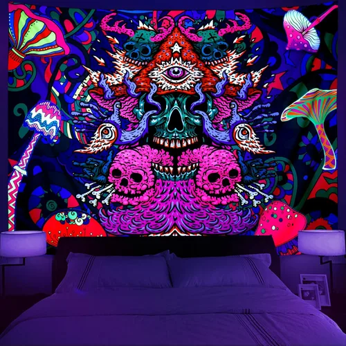 Leofanger - Tapiz estético de calavera con luz negra, para colgar en la pared, reactivo a los rayos UV, colorido, hippie, para decoración del hogar