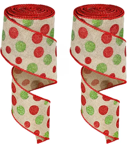 Tatuo 2 rollos de cinta con alambre para árbol de Navidad, cinta de arpillera verde y rojo con purpurina de lunares brillantes para decoración de