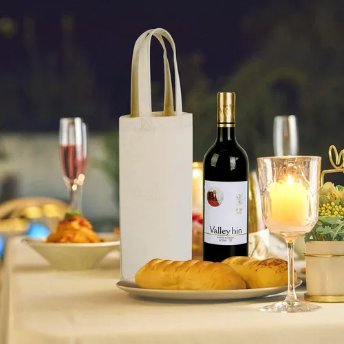 Miniatura 5 de Bolsa de vino, 10 x 7 x 2 pulgadas, 4 bolsas reutilizables de lona de algodón con etiqueta de cordón Azul