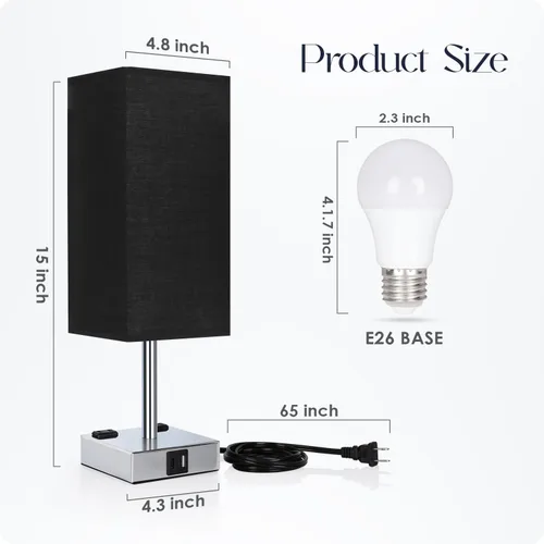 Miniatura 8 de Juego de 2 lámparas de mesita de noche de 3 vías regulables con puerto de carga USB C y USB A, 2 salidas de CA, bombillas LED de 3000 K (negro)