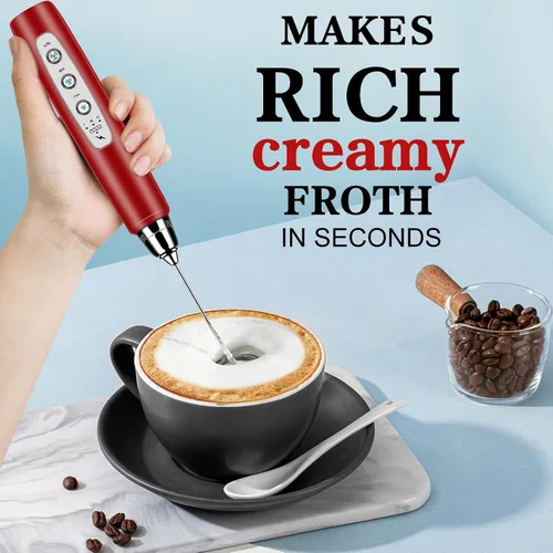 Miniatura 5 de Espumador de leche de mano con soporte, batidor eléctrico de 3 velocidades ajustables, mezclador de bebidas con batidor de acero inoxidable 3, Rojo