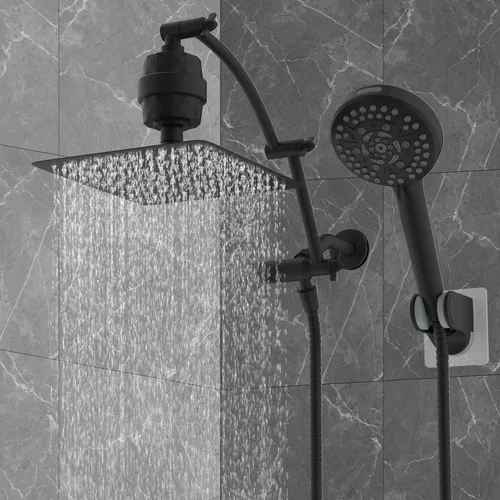 Miniatura 9 de Hibbent Todo Metal 10" Combo de Cabezal de Ducha de Lluvia Filtrado Dual, Cabezal de Ducha de Mano de Alta Presión con Brazo de Extensión Ajustable