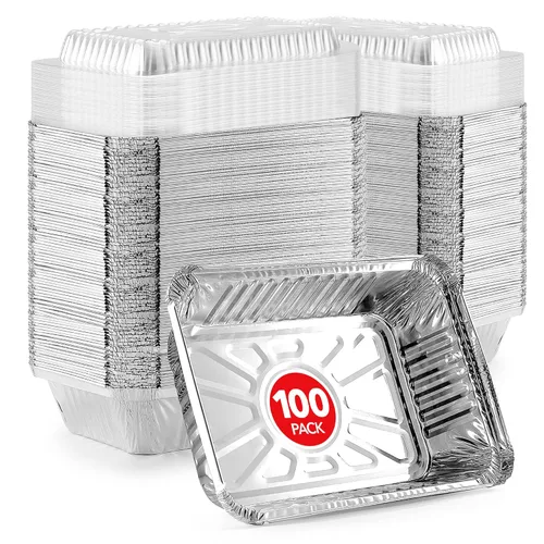 Stock Your Home Sartenes pequeñas de aluminio de 2 libras con tapas (paquete de 100) con papel de aluminio y tapa de plástico transparente,