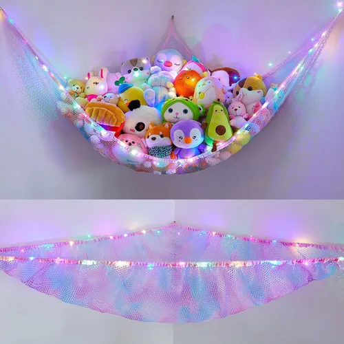 Miniatura 11 de Unicorn Castle Red de animales de peluche o hamaca organizador de almacenamiento de juguetes para niños con luz LED colgante en esquina soporte