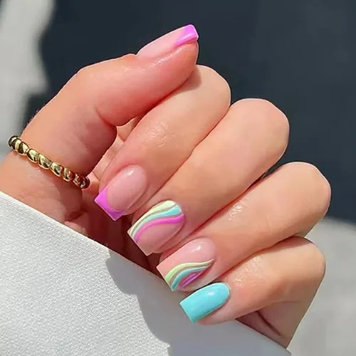 Miniatura 7 de Uñas postizas a presión de longitud corta, 24 piezas de cobertura completa, reutilizables, brillantes, uñas postizas con pegamento, uñas postizas