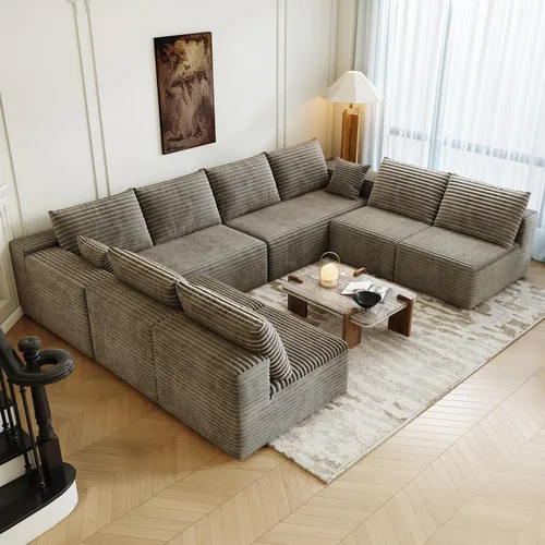 Miniatura 29 de Sofá seccional modular de 139.4", sofás minimalistas en forma de U con 2 otomanas chaise, sofá cama convertible moderno de asiento profundo, tela