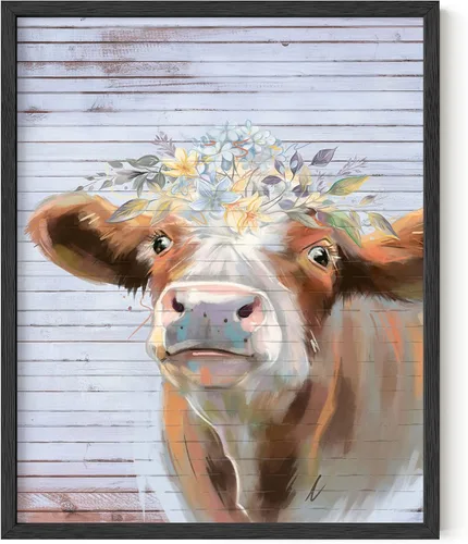 Miniatura 47 de HAUS AND HUES Arte de pared de vaca rústica, estampado de animales de granja con flores (sin marco, 12 x 16)