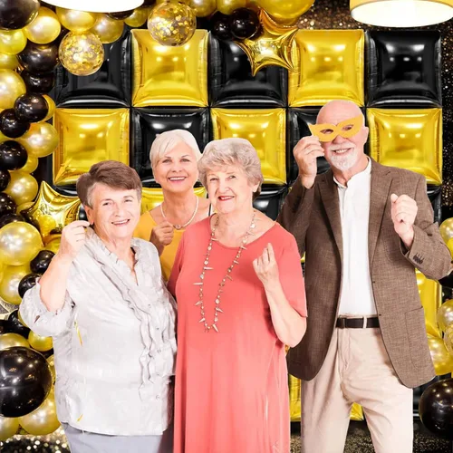 Miniatura 6 de MEMOVAN Globos cuadrados de papel de aluminio negro y dorado, telón de fondo de pared de doble cara, globos metálicos negros y dorados, guirnalda