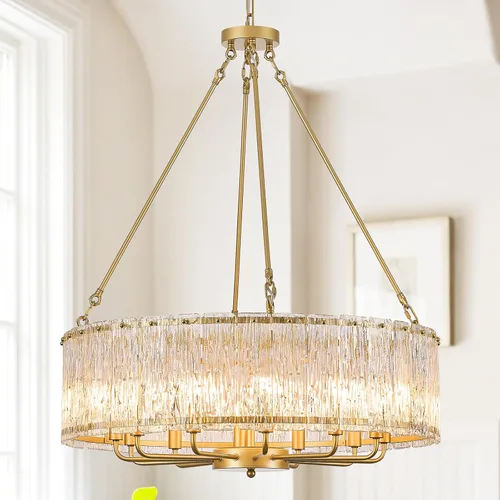 Miniatura 21 de CATINER Candelabro de cristal de 20 pulgadas, moderno, 6 luces, lámparas de tambor dorado, iluminación colgante de techo de lujo para entrada