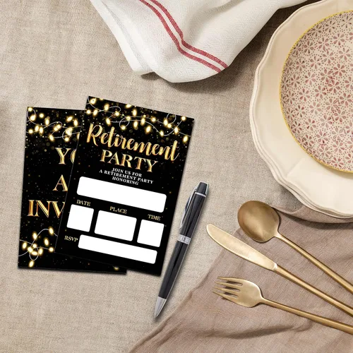 Miniatura 3 de Invitaciones para fiestas de jubilación, tarjetas de invitación de jubilación negras y doradas para hombres, mujeres, enfermeras, profesores