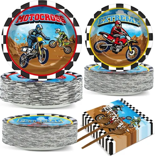 Qyeahkj 200 Piezas Decoraciones de Fiesta de Bicicleta de Tierra Suministros de Fiesta de Cumpleaños de Motocicleta Juego de Platos de Papel