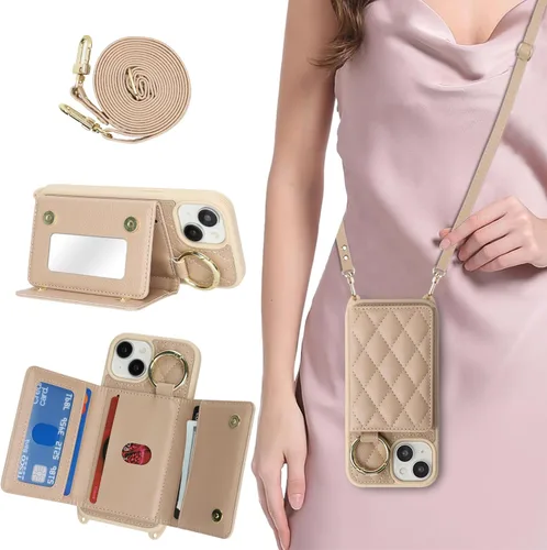 Miniatura 9 de Funda para iPhone 14 Plus con tarjetero y correa para mujer, cordón cruzado, espejo de maquillaje, soporte de anillo, cierre a presión, bonitas Rosa